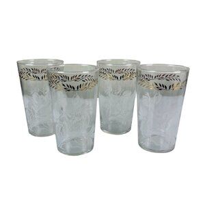 Set of 4 Vintage Mid Century Modern Floral Vine Design Glass Tumblers Gold White